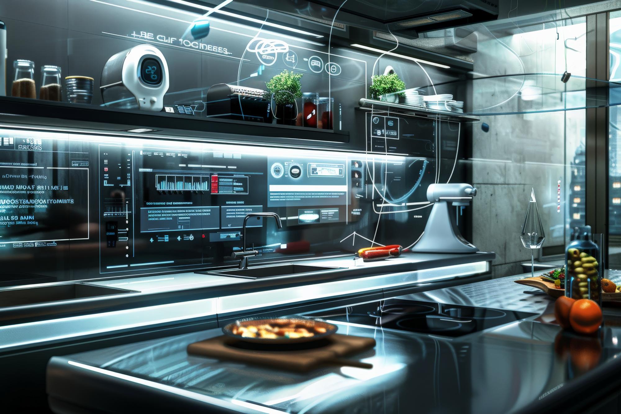Open professional kitchen with digital screens